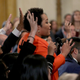 Yamiche Alcindor of PBS NewsHour asks a question to U.S. President Donald Trump after remarks by the President a day after the midterm elections on November 7, 2018 in the East Room of the White House.